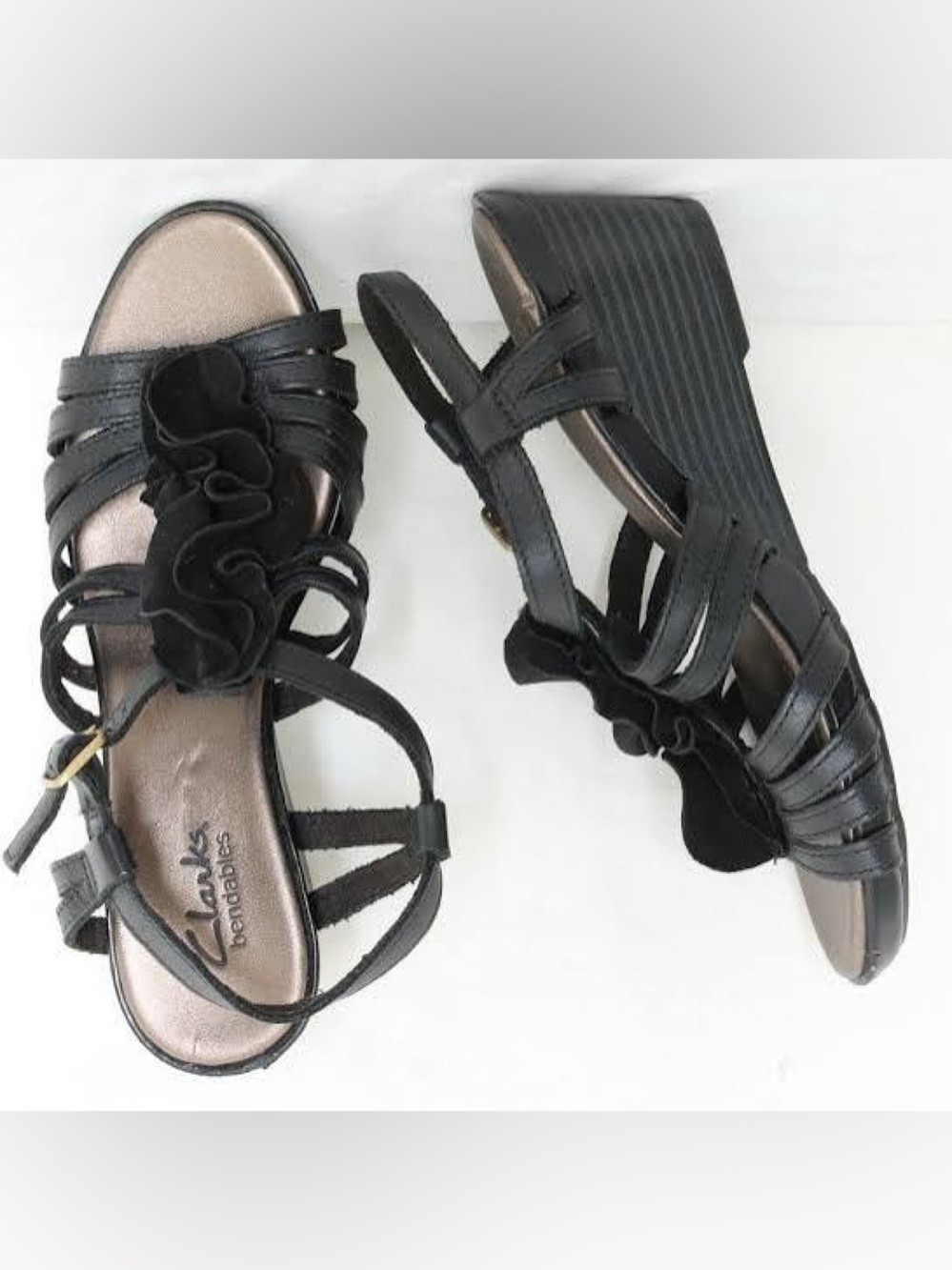 Clarks Black Leather Lucia Resort Ruffle Wedge Sandals Size 9.5 Wide Width